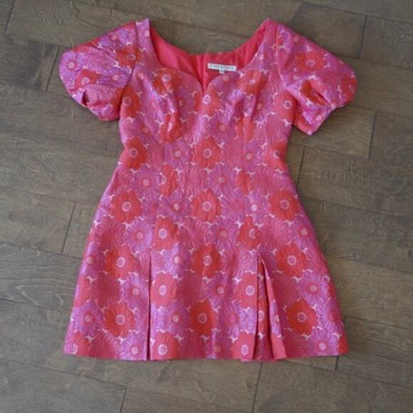 Trina Turk Back Zip Short Puff Sleeve Floral Mini Dress Pink Womens Size 10 - Picture 3 of 7